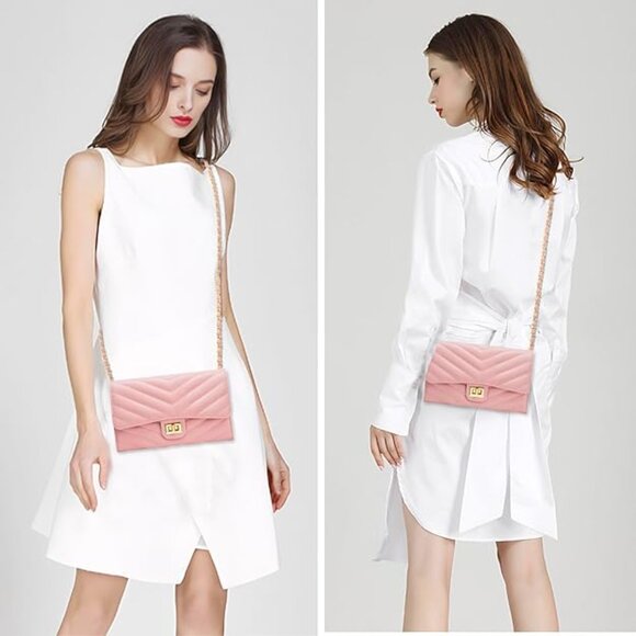 Womens Envelope Crossbody Clutch handbag with chain Pink Quilted - Picture 9 of 12